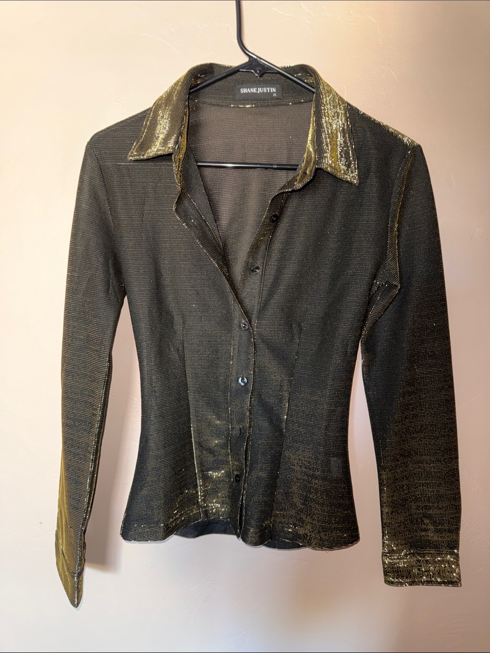 Shane Justin Women's Black Button-Down Top with Gold Shimmer